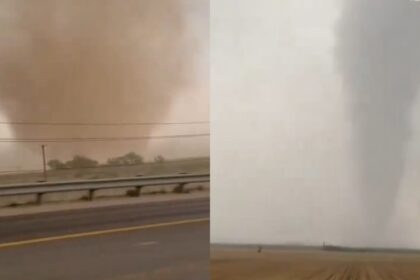 Verdaderamente impactantes son las imágenes de dos tornados que se registraron, en las inmediaciones de un aeropuerto de Midland (Texas).  