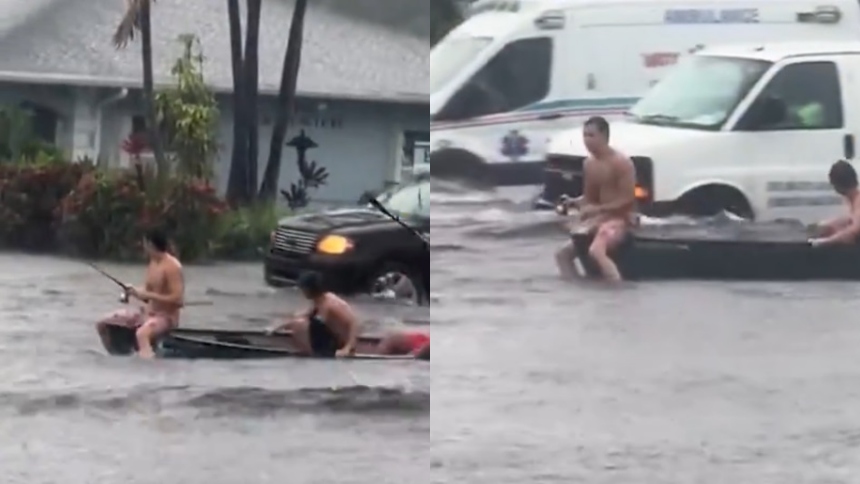 Tres hombres salieron y fueron vistos en canoas y, con cañas de pescar, durante las peligrosas inundaciones registradas en Florida (EEUU).