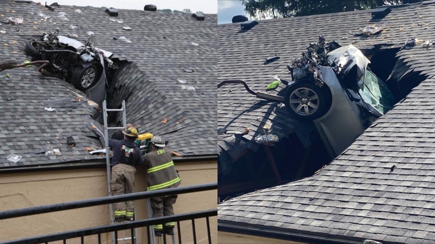 Un carro salió despedido de la carretera y aterrizó sobre el techo del Clay-Ray Veterans Memorial Hall en Excelsior Springs, Misuri (EEUU), se trata del segundo incidente en tres meses.