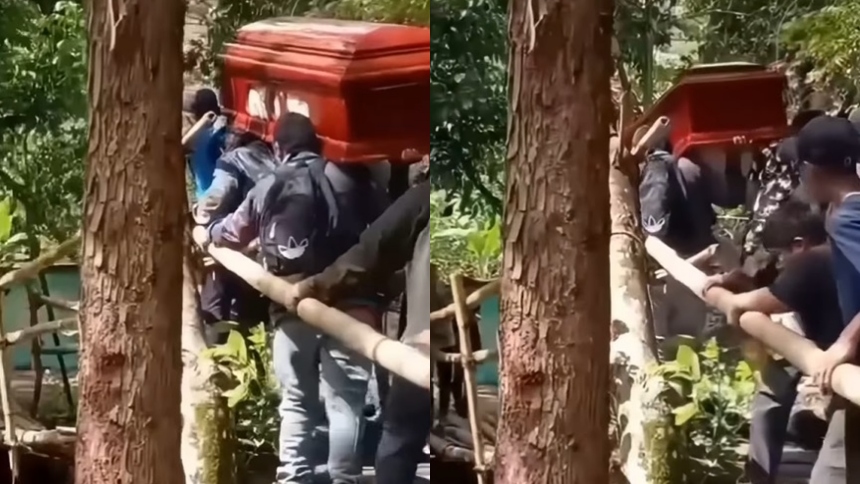 El entierro de una persinas identificada como Adbias Eredia Bazán en el caserío Lanchema, distrito de Pomahuaca, provincia de Jaén (Cajamarca), en Perú, terminó convertido en una escena de angustia luego de que el puente de troncos por el que avanzaba la caravana fúnebre colapsara de manera repentina.  